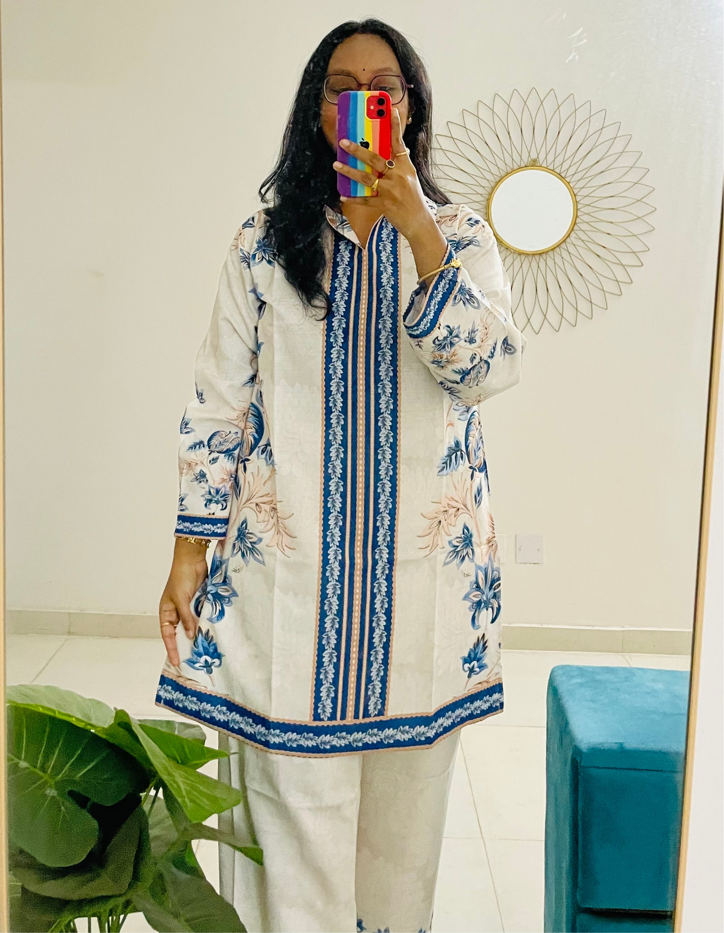 T037-BLUE WHITE BAROQUE PAKISTANI COTTON CO-ORD