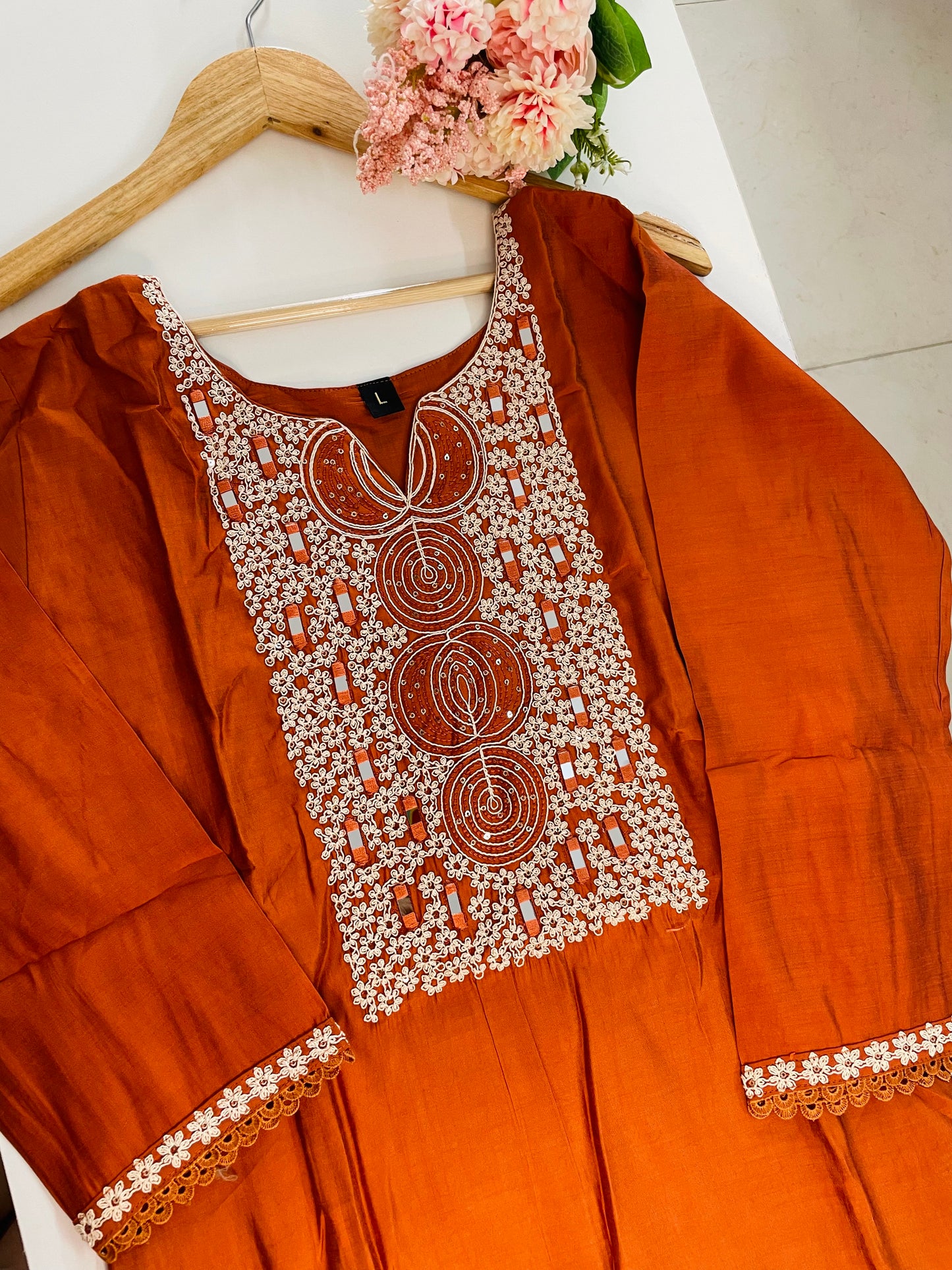 T050-Premium Roman silk kurti with pant and dupatta