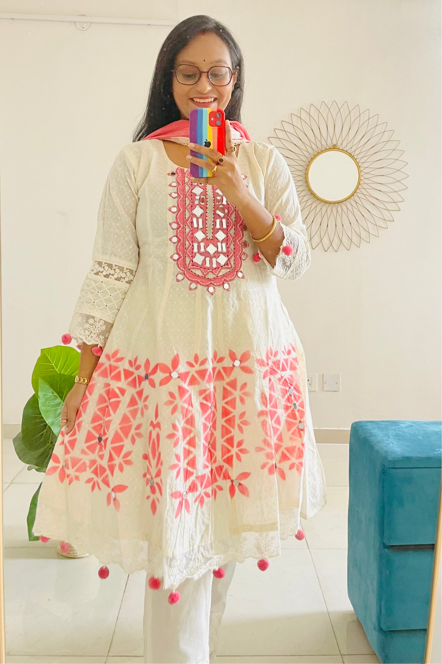 T022-Premium Kora Cotton Anarkali suit with pant and dupatta