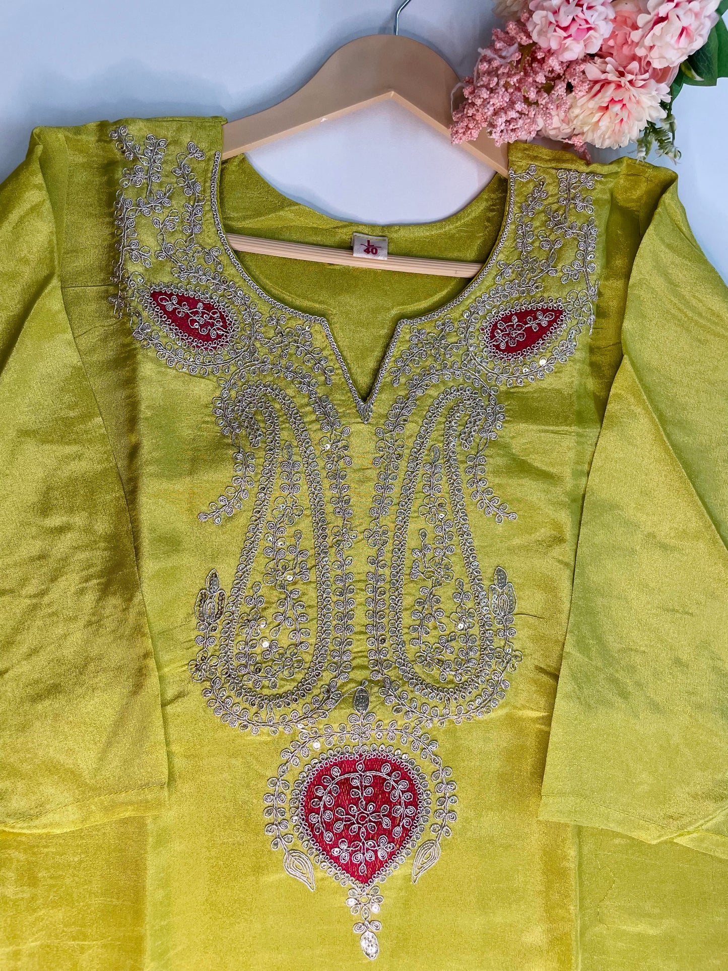 T057-Premium Pure Tissue Shimmer kurti with pant and dupatta