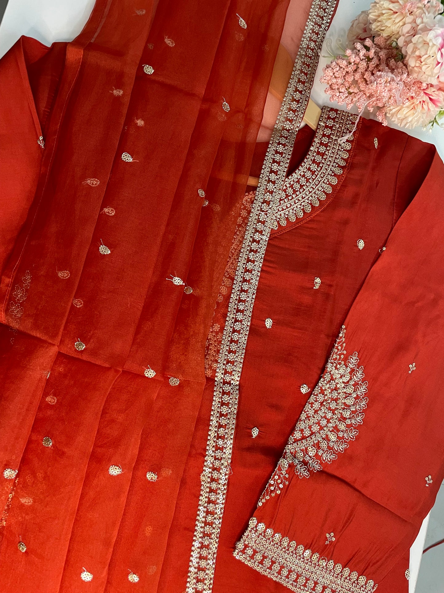 T059-Premium Pure Roman silk kurti with pant and dupatta