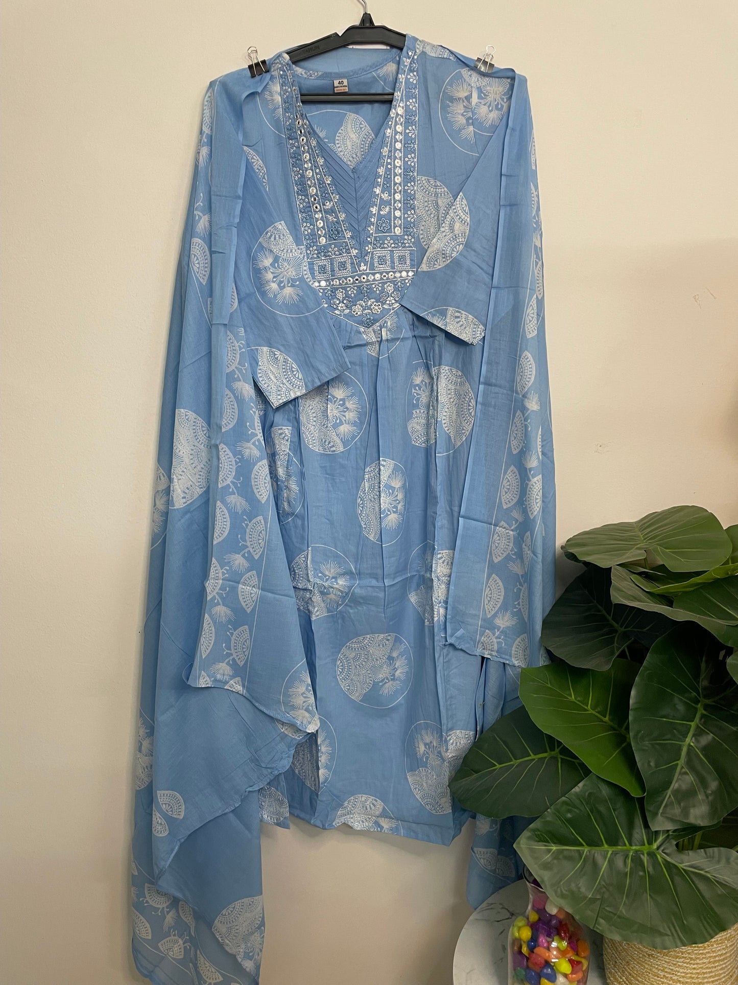 T076- Premium Pure Cotton A-line kurti with pant and dupatta