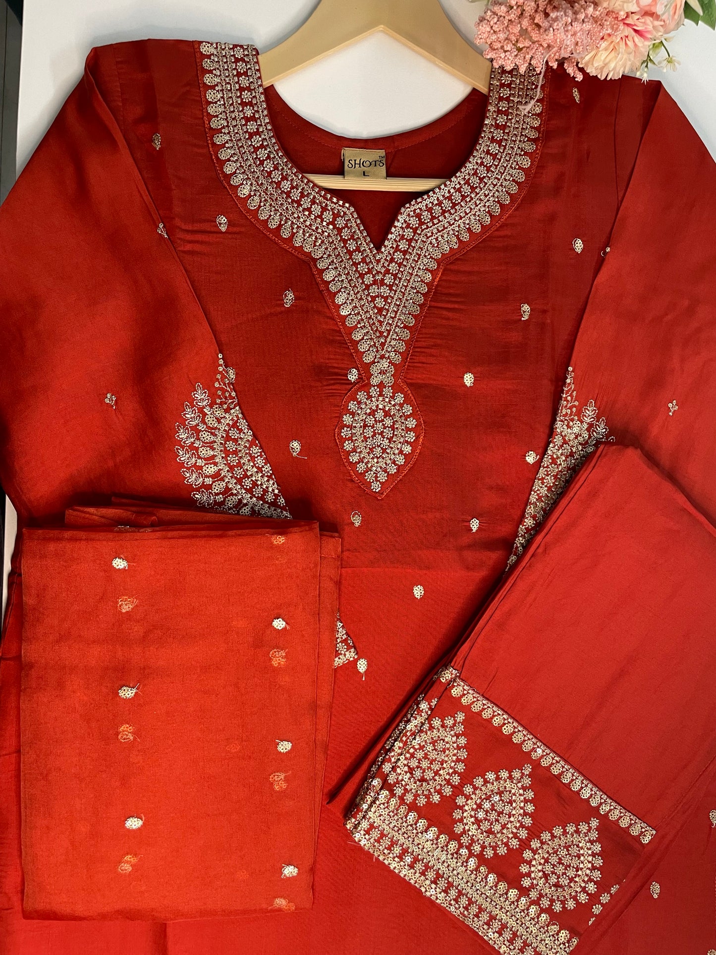 T059-Premium Pure Roman silk kurti with pant and dupatta