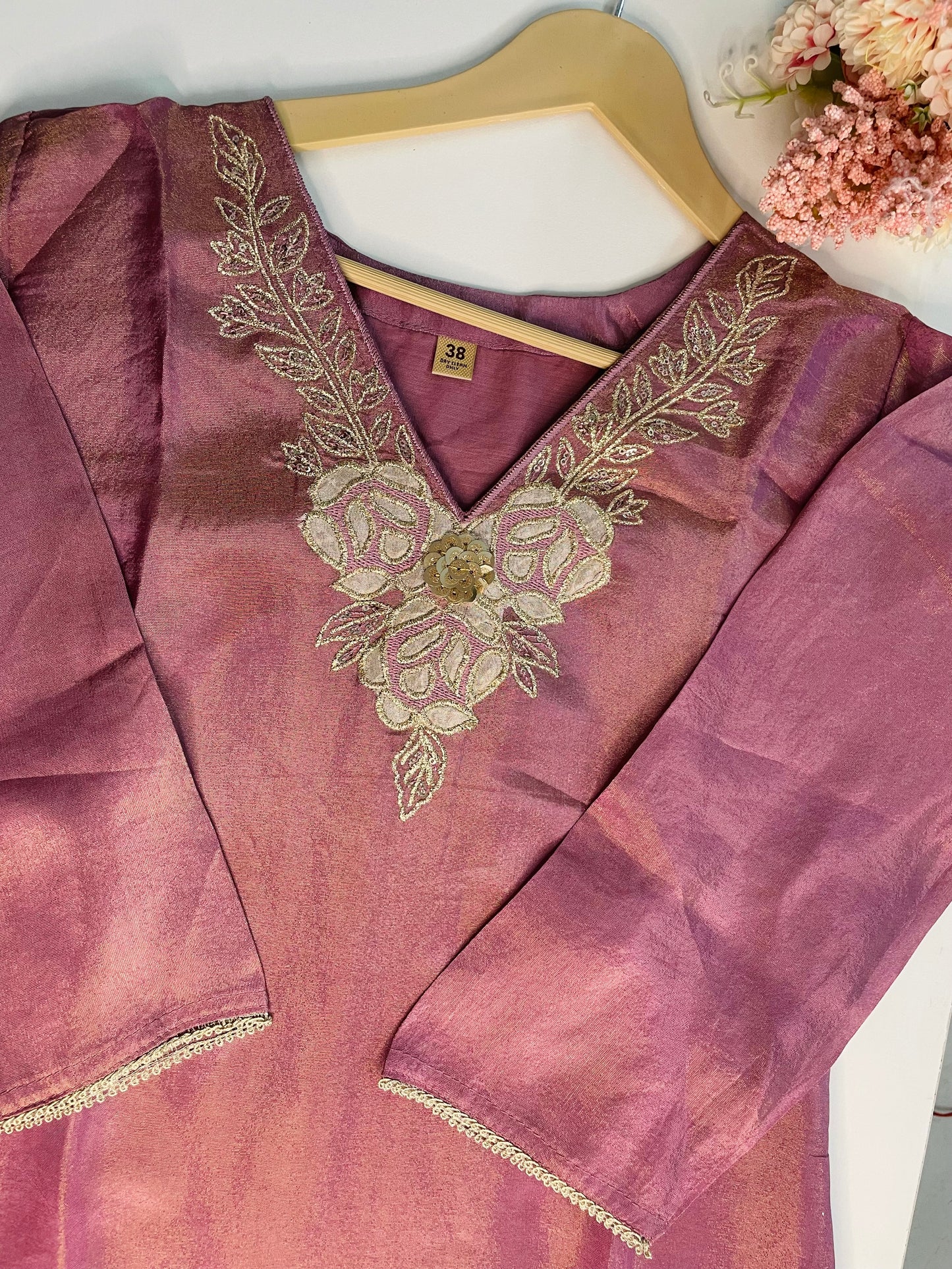T060-Premium Pure Tissue shimmer kurti with pant and dupatta