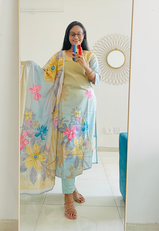 T018-Premium Pure cotton digital print kurti with pant and dupatta