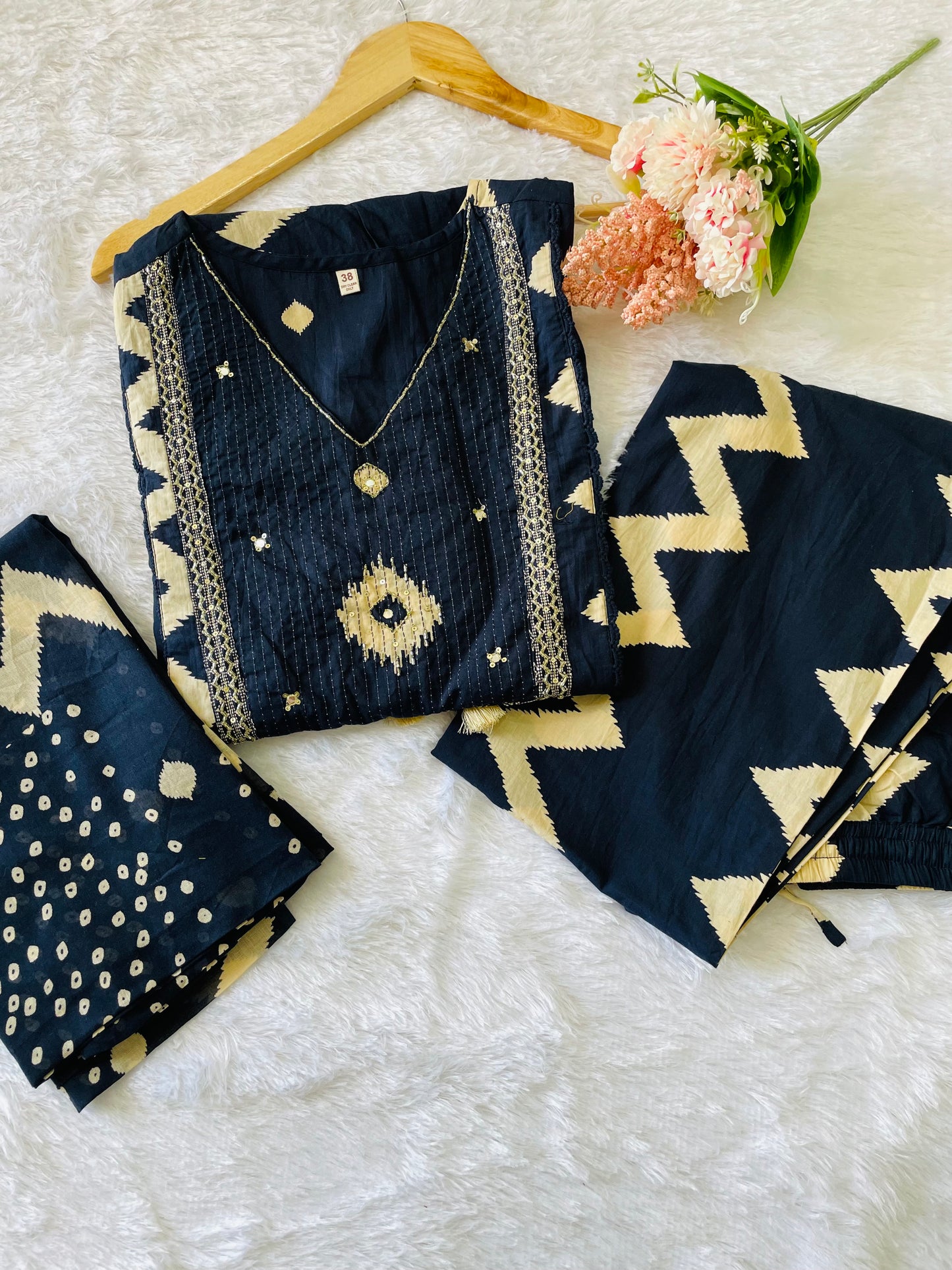 T014-Premium Pure cotton A-line kurti with pant and dupatta
