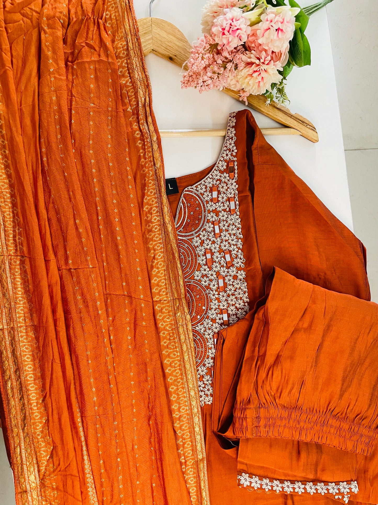 T050-Premium Roman silk kurti with pant and dupatta