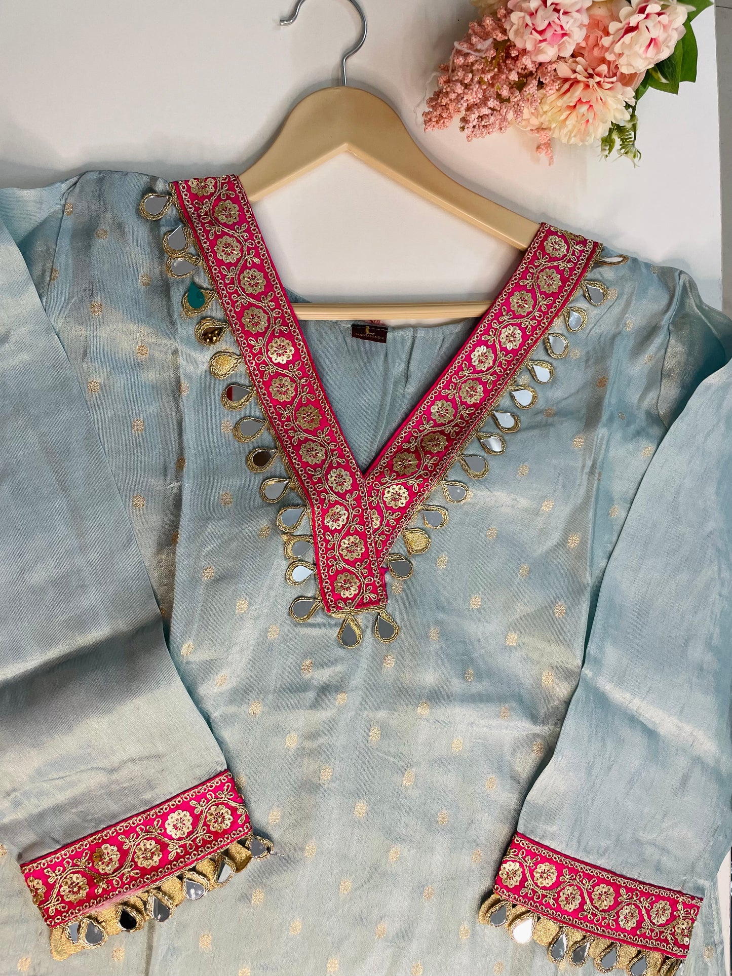 T064-Premium Pure Tissue shimmer kurti with pant and dupatta