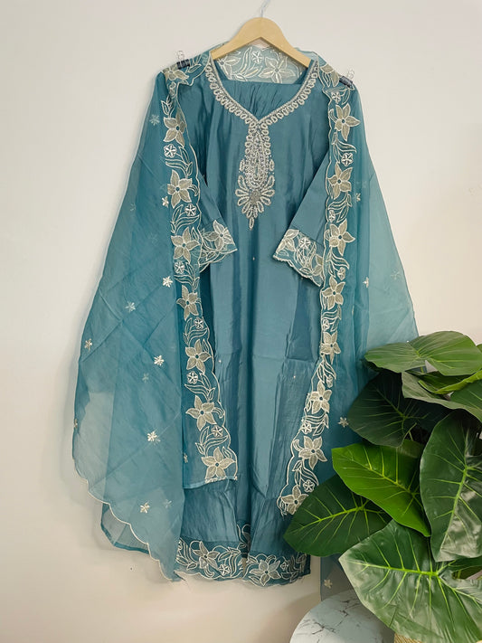 T063-Premium Pure Roman silk kurti with pant and dupatta