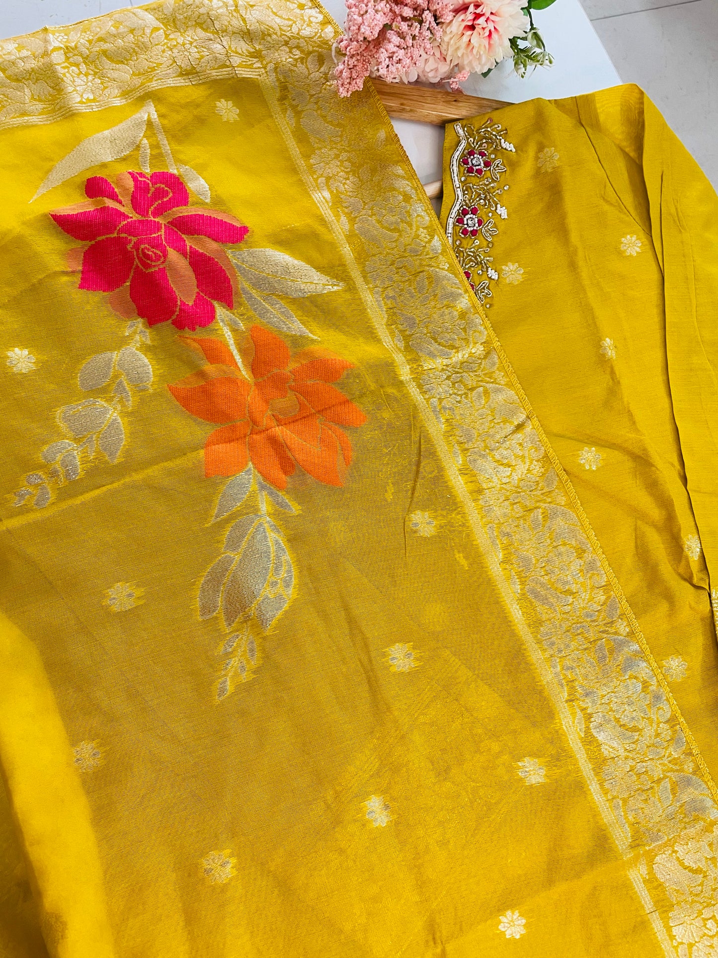 T051-Premium Banarasi Silk kurti with pant and dupatta