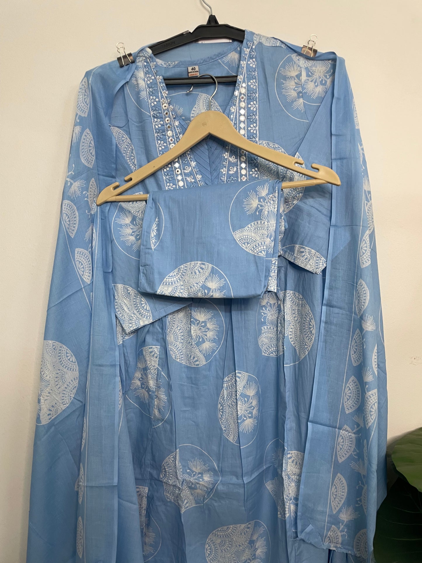 T076- Premium Pure Cotton A-line kurti with pant and dupatta