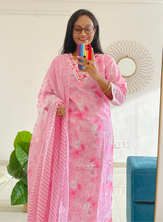 T021-Premium Pure cotton kurti with pant and dupatta