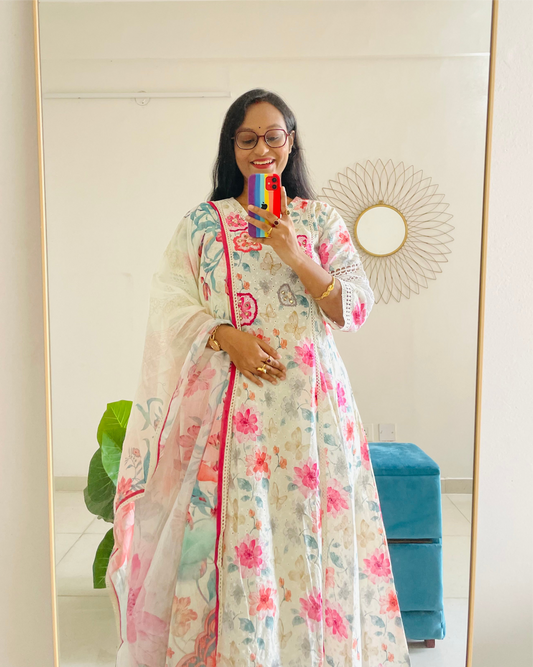 T025-Premium Pure kora cotton Anarkali kurti with palazzo and dupatta