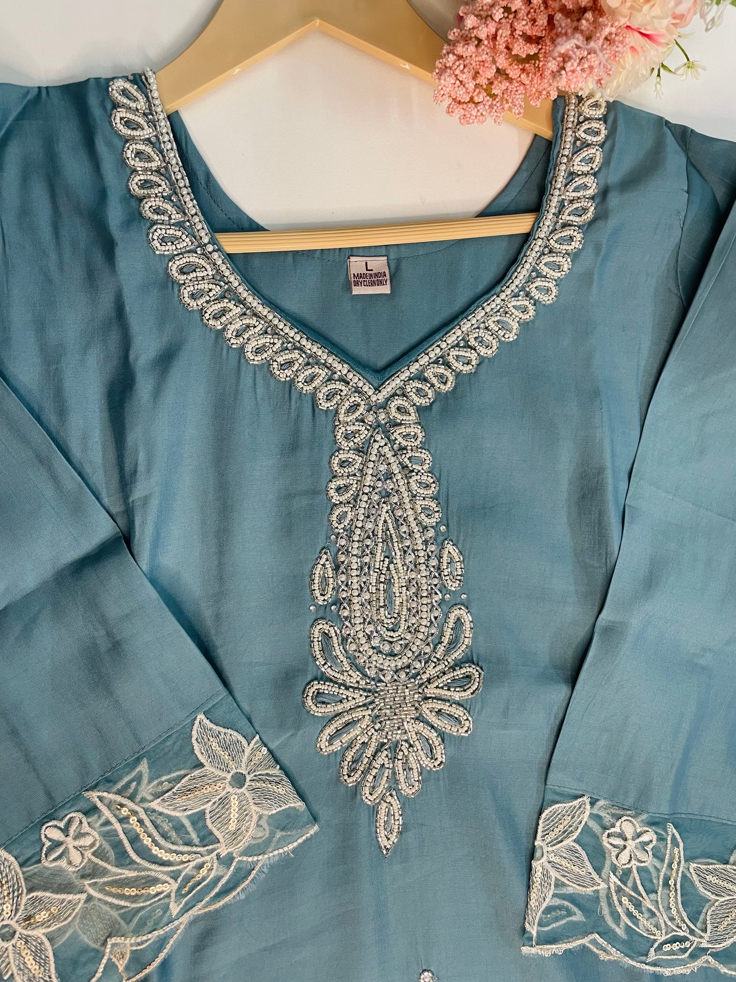 T063-Premium Pure Roman silk kurti with pant and dupatta