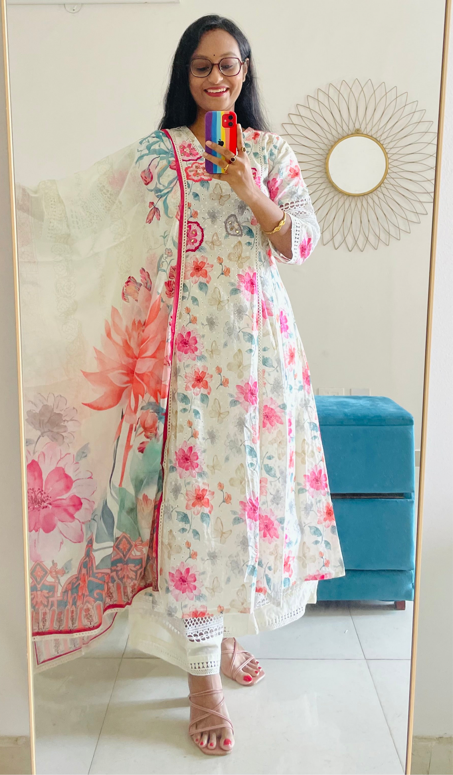 T025-Premium Pure kora cotton Anarkali kurti with palazzo and dupatta