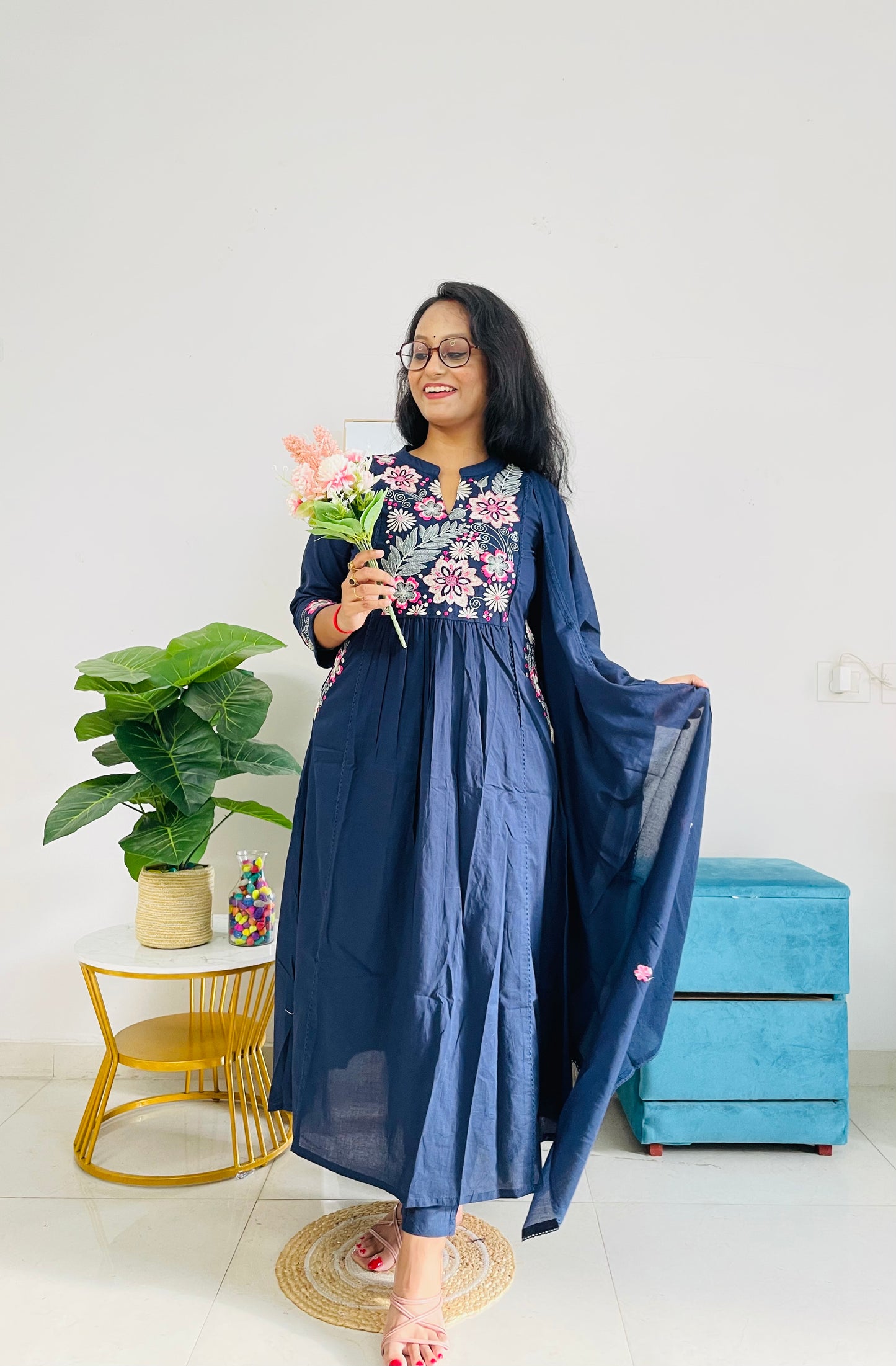 T043- Premium Pure Mul cotton kurti with pant and dupatta