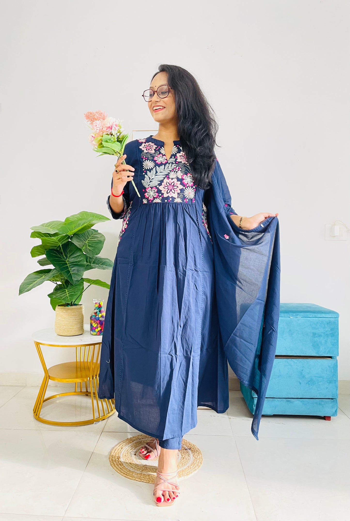 T043- Premium Pure Mul cotton kurti with pant and dupatta