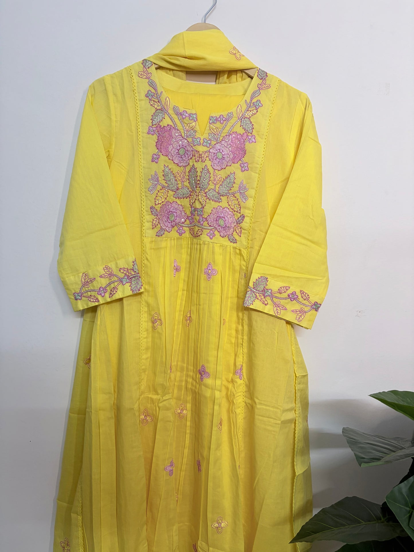 T101- Premium Pure Mul Cotton A-line kurti with pant and dupatta