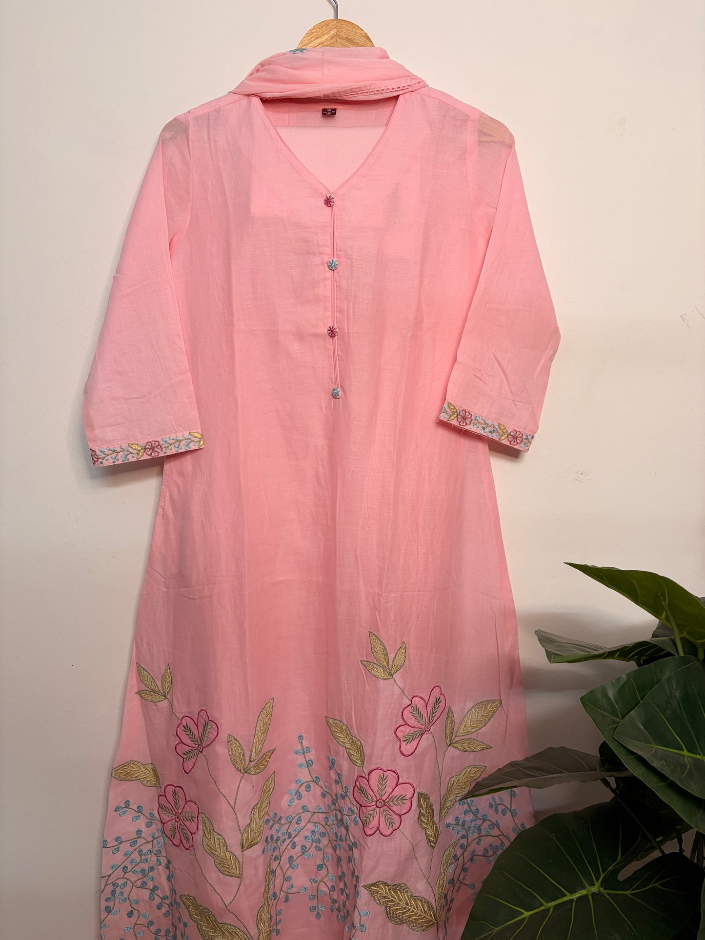 T102- Premium Pure Mul Cotton A-line kurti with pant and dupatta