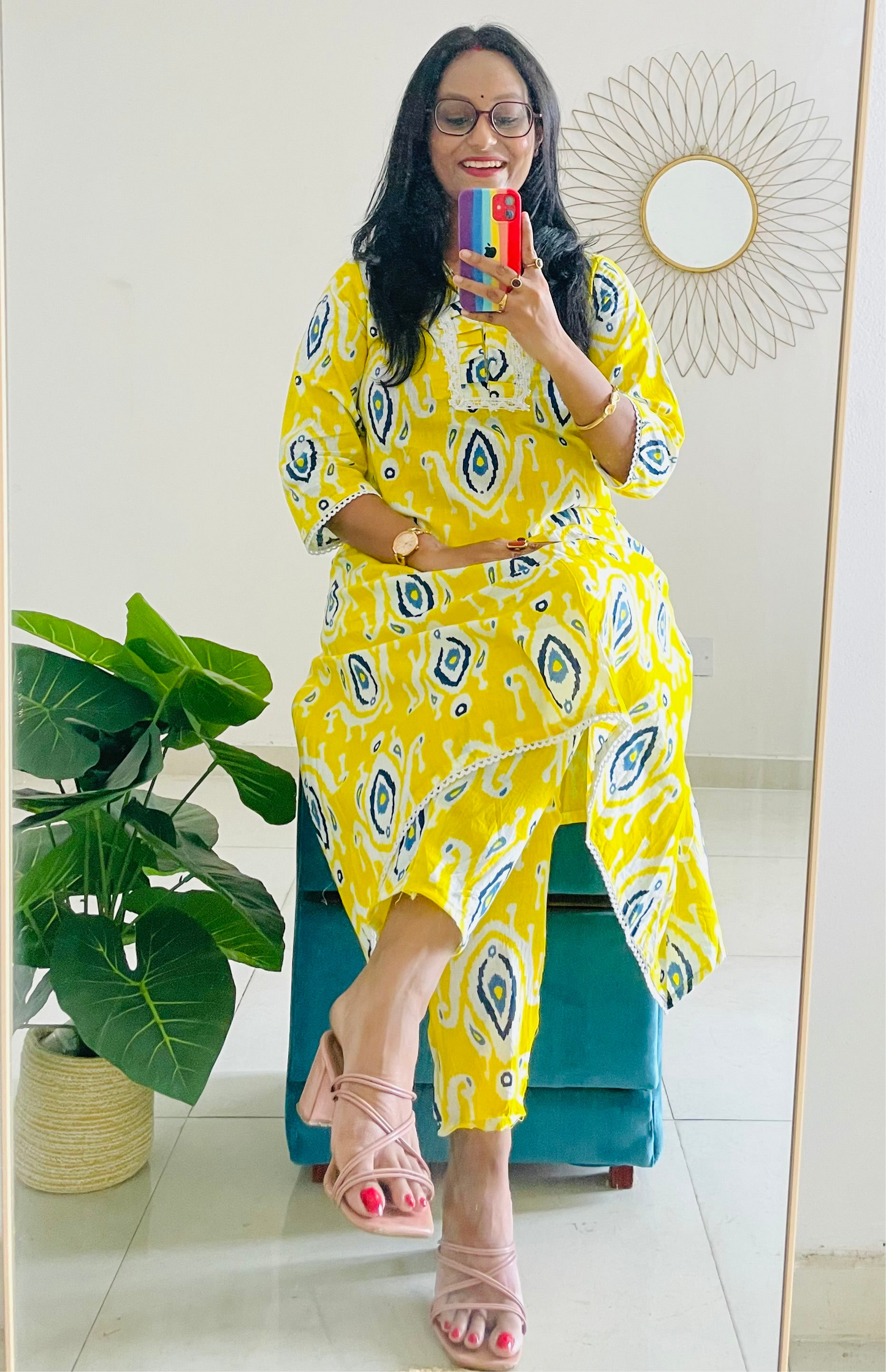 T032-LEMON LUSH PREMIUM COTTON A LINE KURTA SET