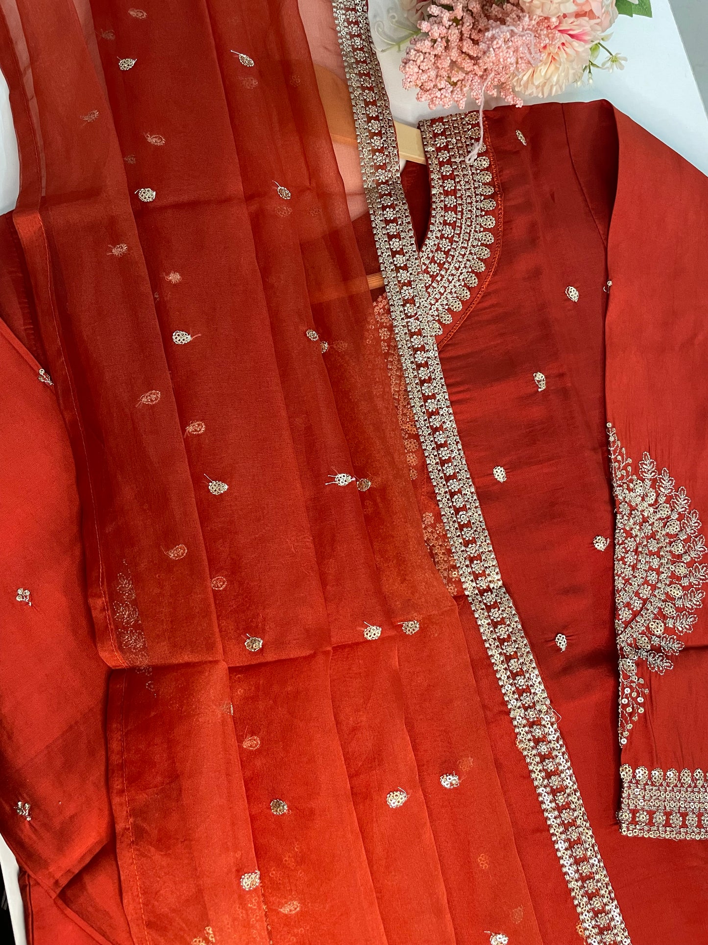 T059-Premium Pure Roman silk kurti with pant and dupatta