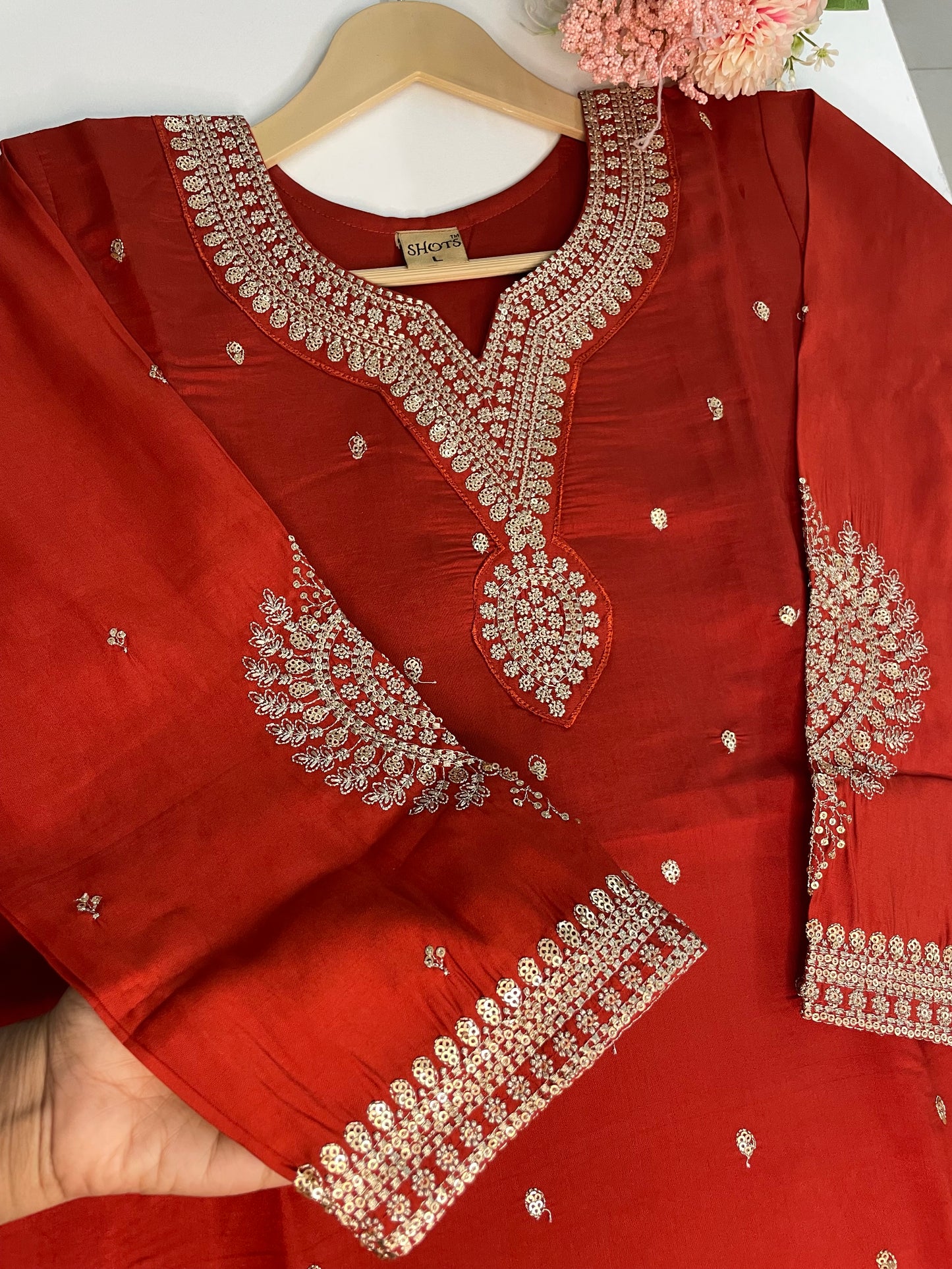 T059-Premium Pure Roman silk kurti with pant and dupatta