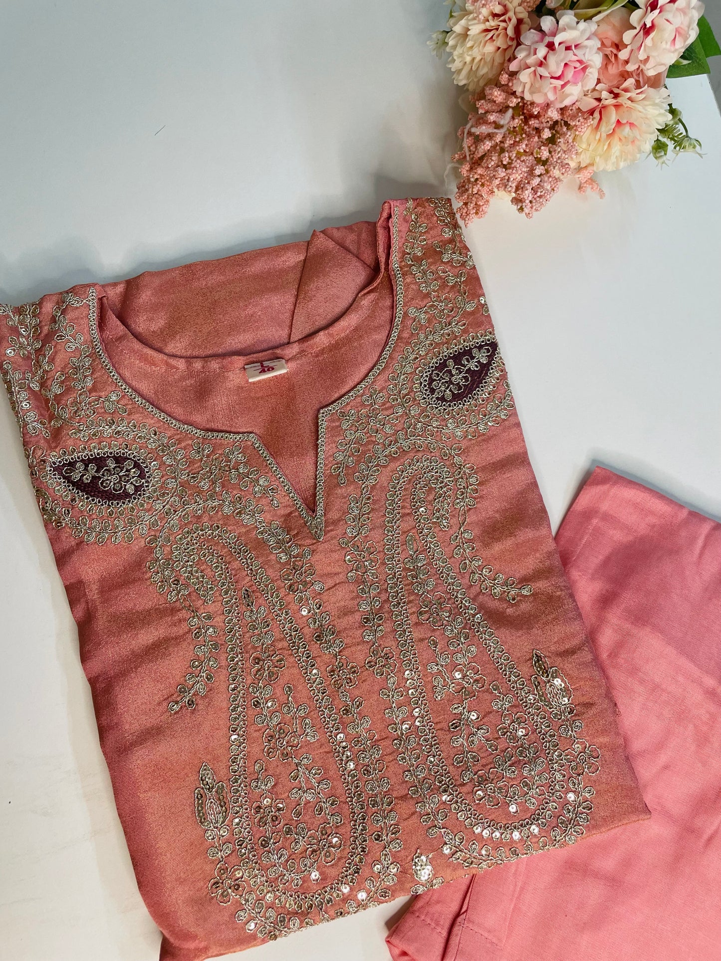 T058-Premium Pure Tissue shimmer kurti with pant and dupatta