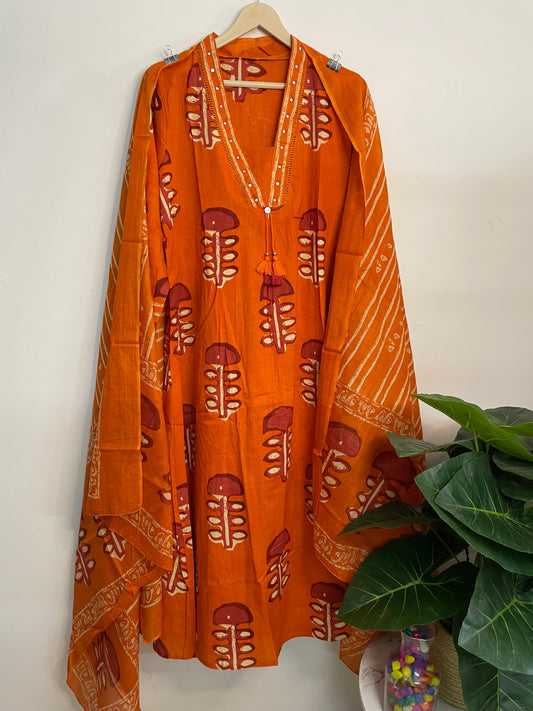 T094- Premium Pure Cotton A-line kurti with pant and dupatta