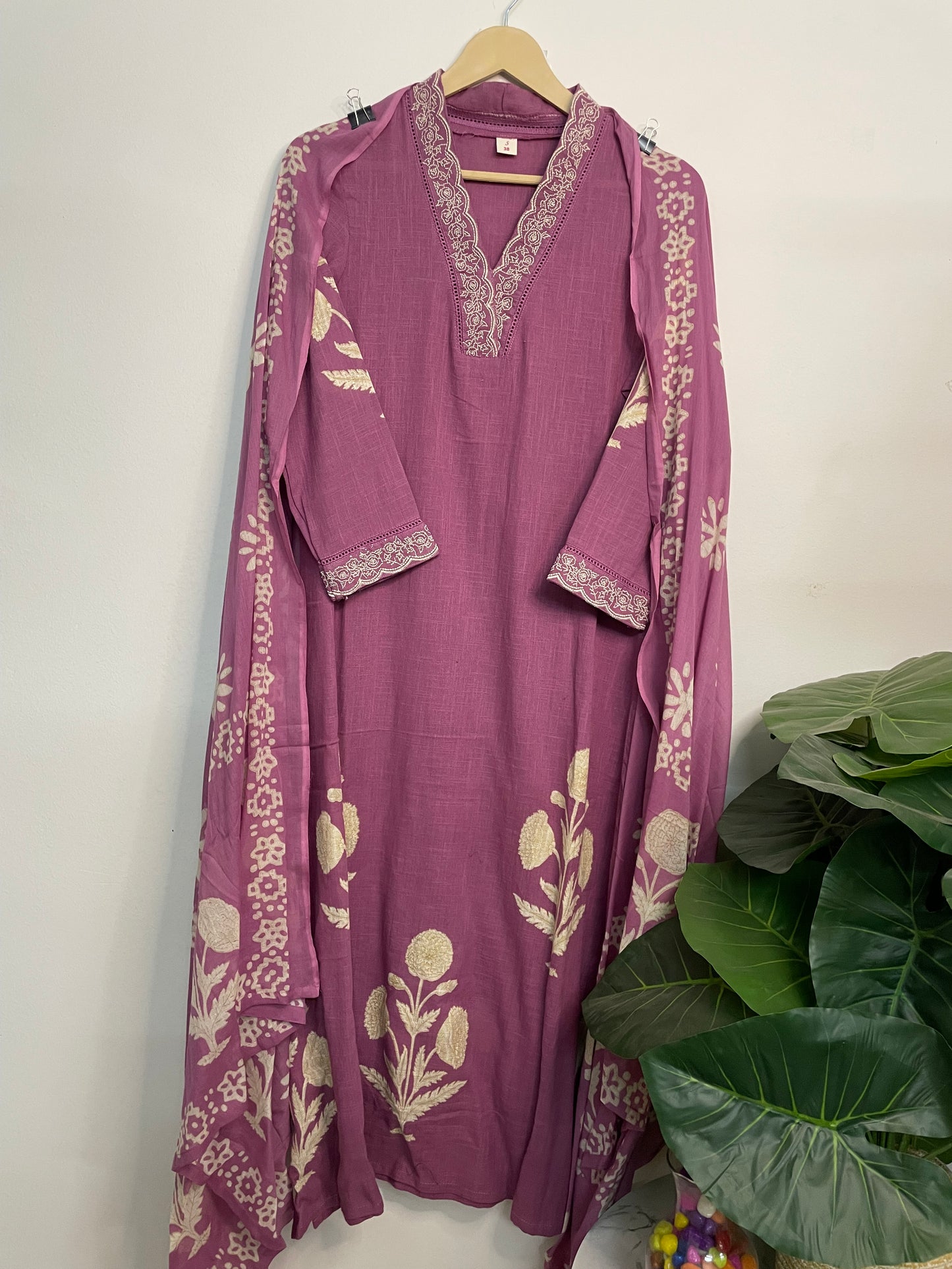 T087- Premium Pure Cotton A-line kurti with pant and dupatta