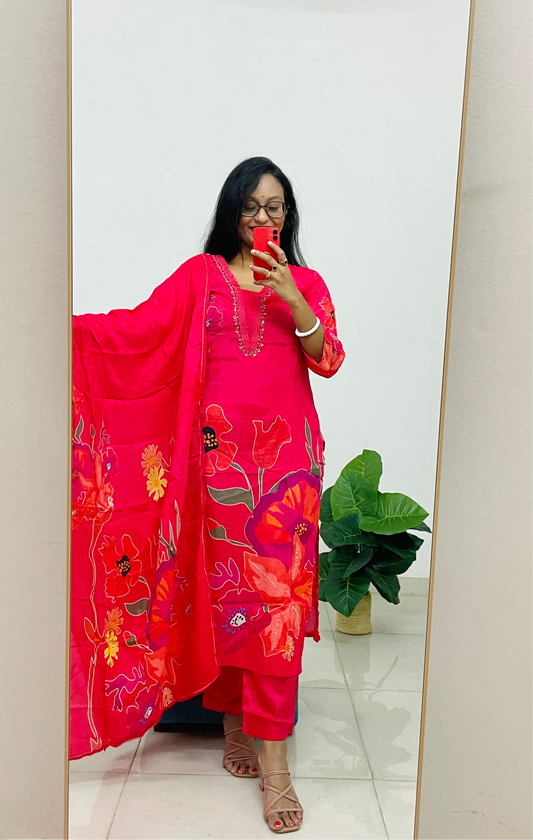 T009- Premium Fuschia pink crepe silk kurta with pant and dupatta