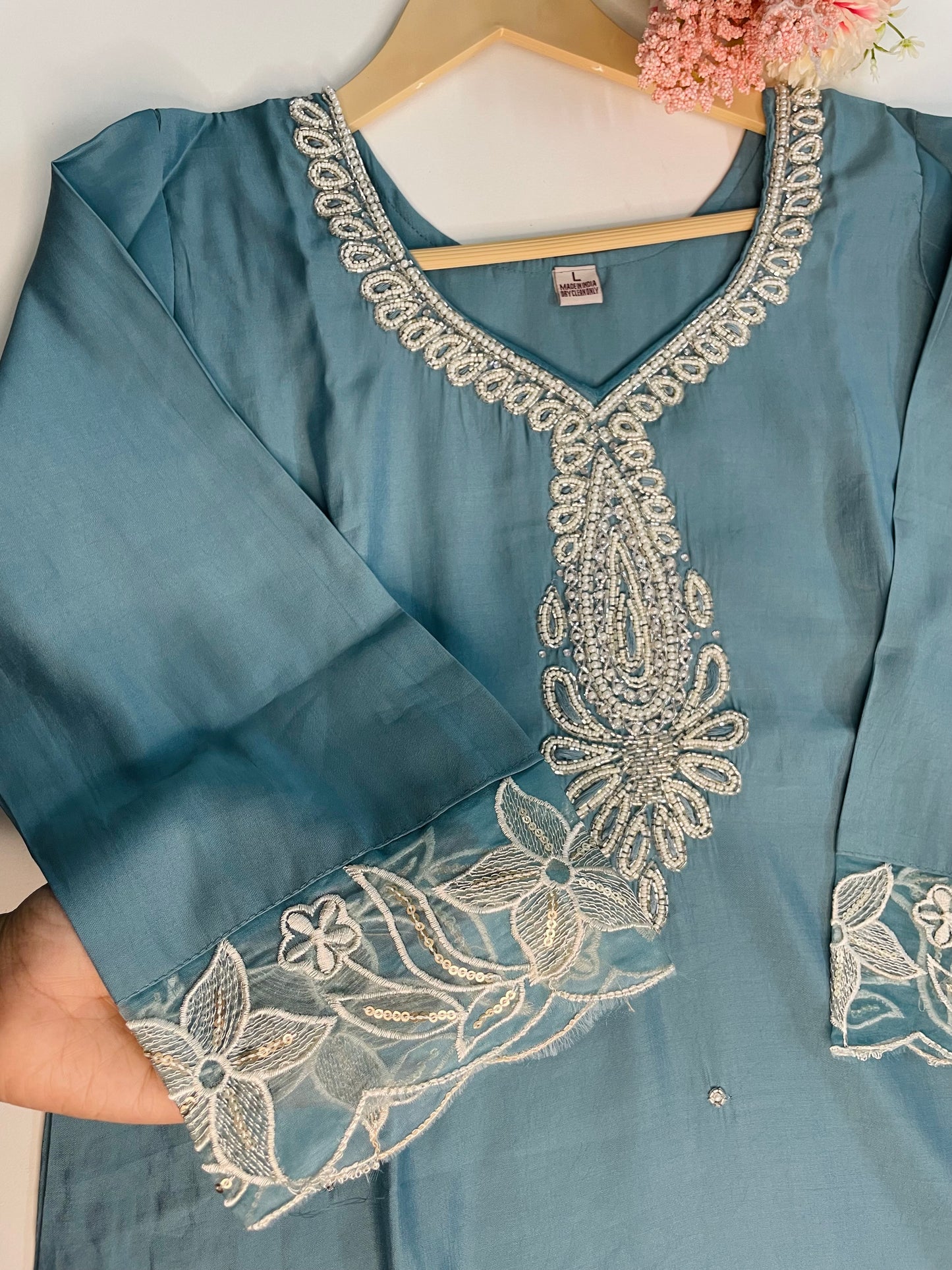 T063-Premium Pure Roman silk kurti with pant and dupatta