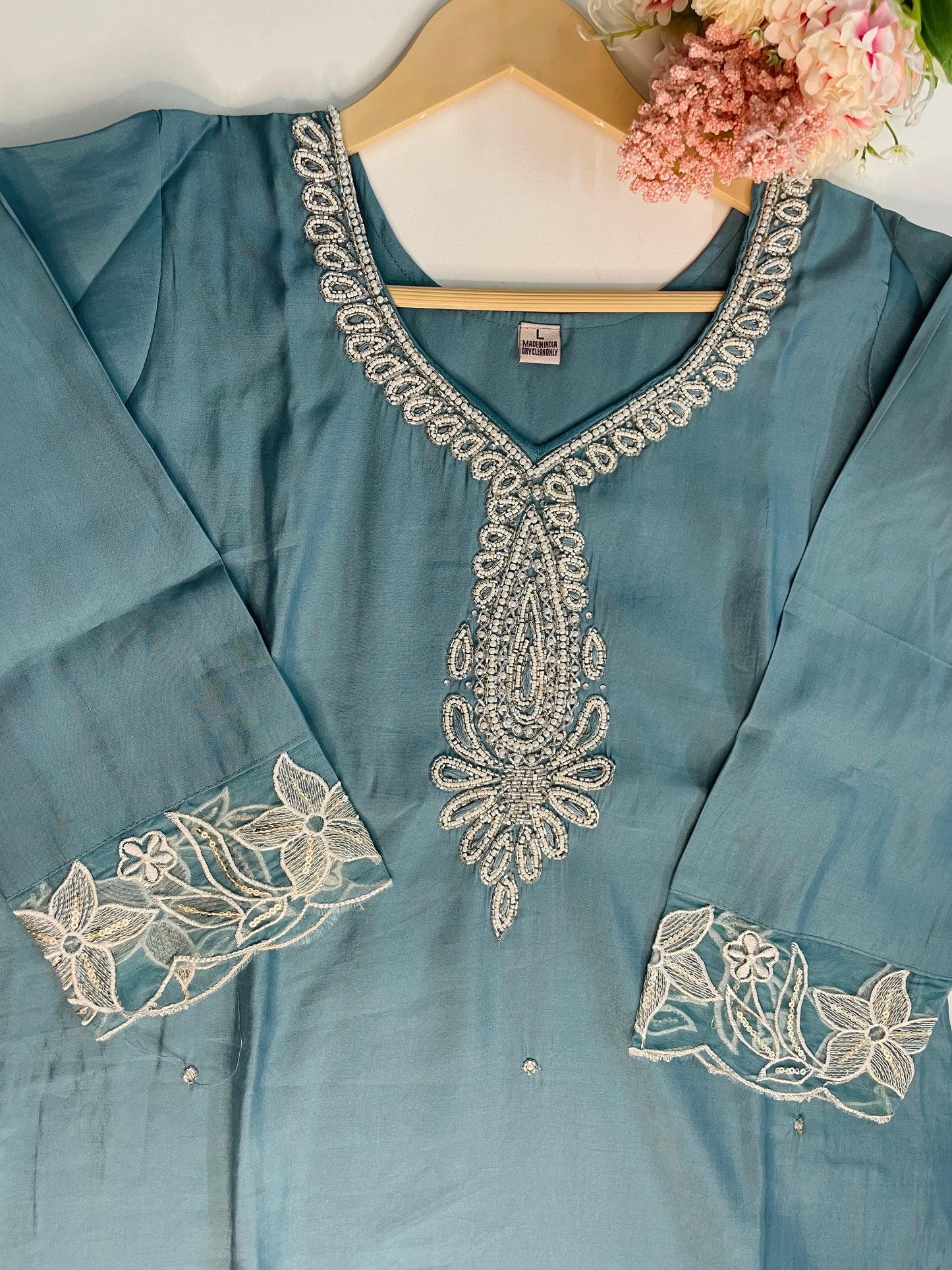 T063-Premium Pure Roman silk kurti with pant and dupatta