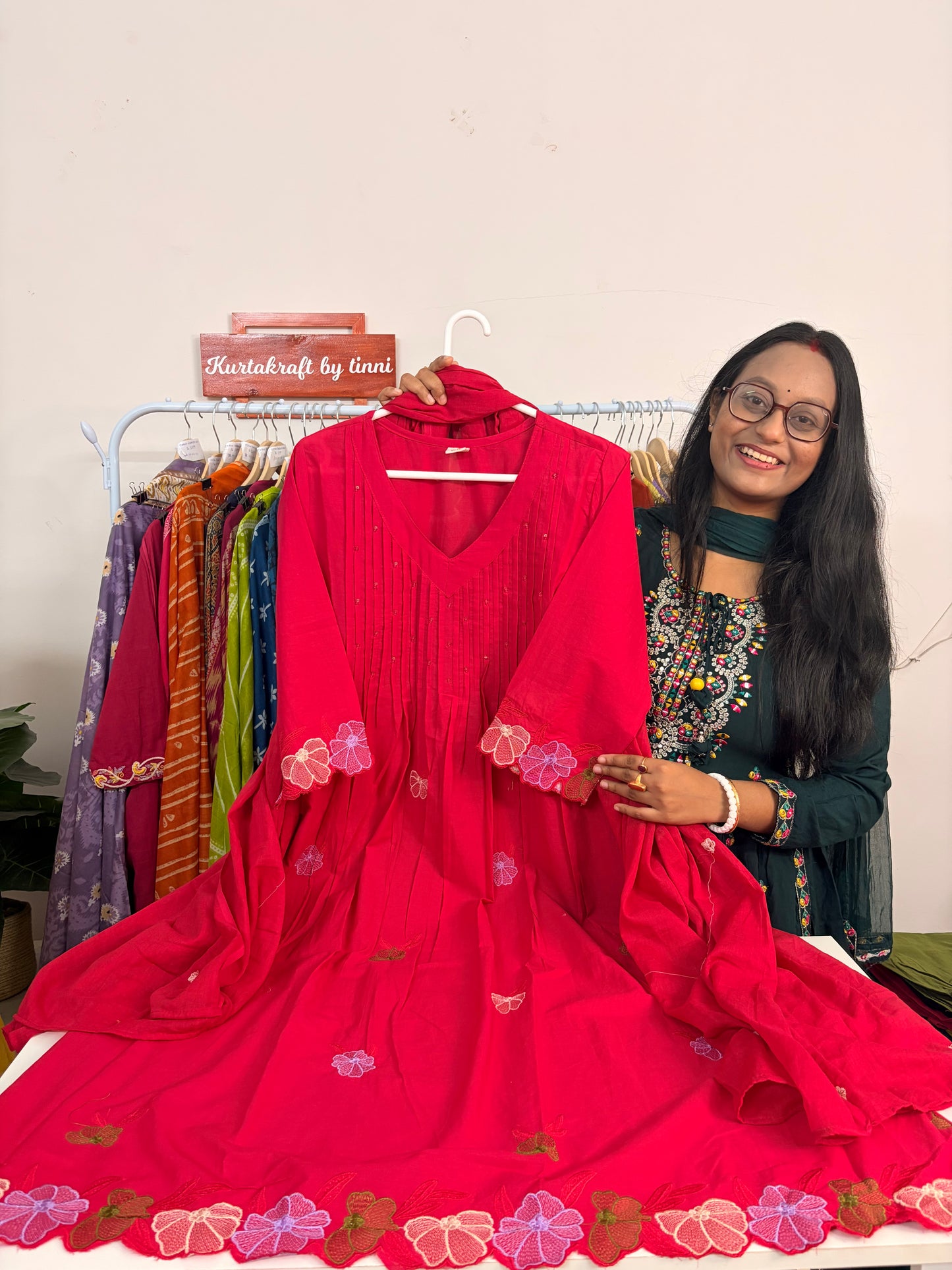 T105- Premium Pure Cotton A-line kurti with pant and dupatta