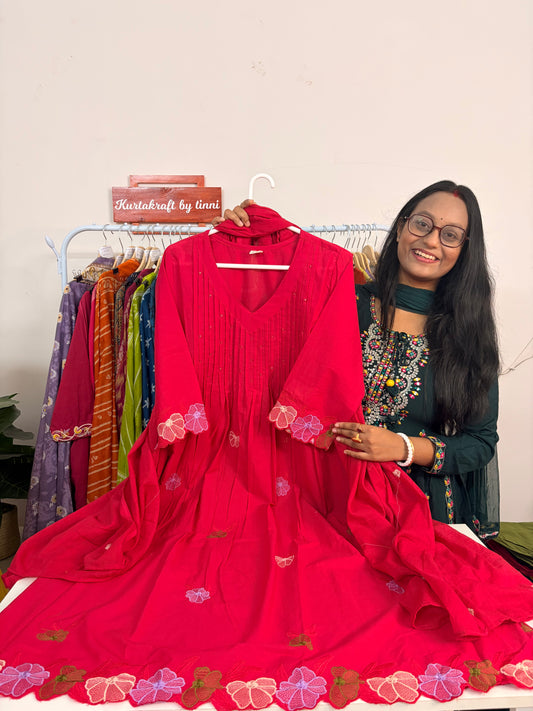 T105- Premium Pure Cotton A-line kurti with pant and dupatta