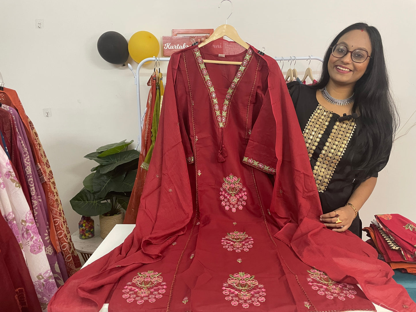 T091- Premium Pure Cotton A-line kurti with pant and dupatta