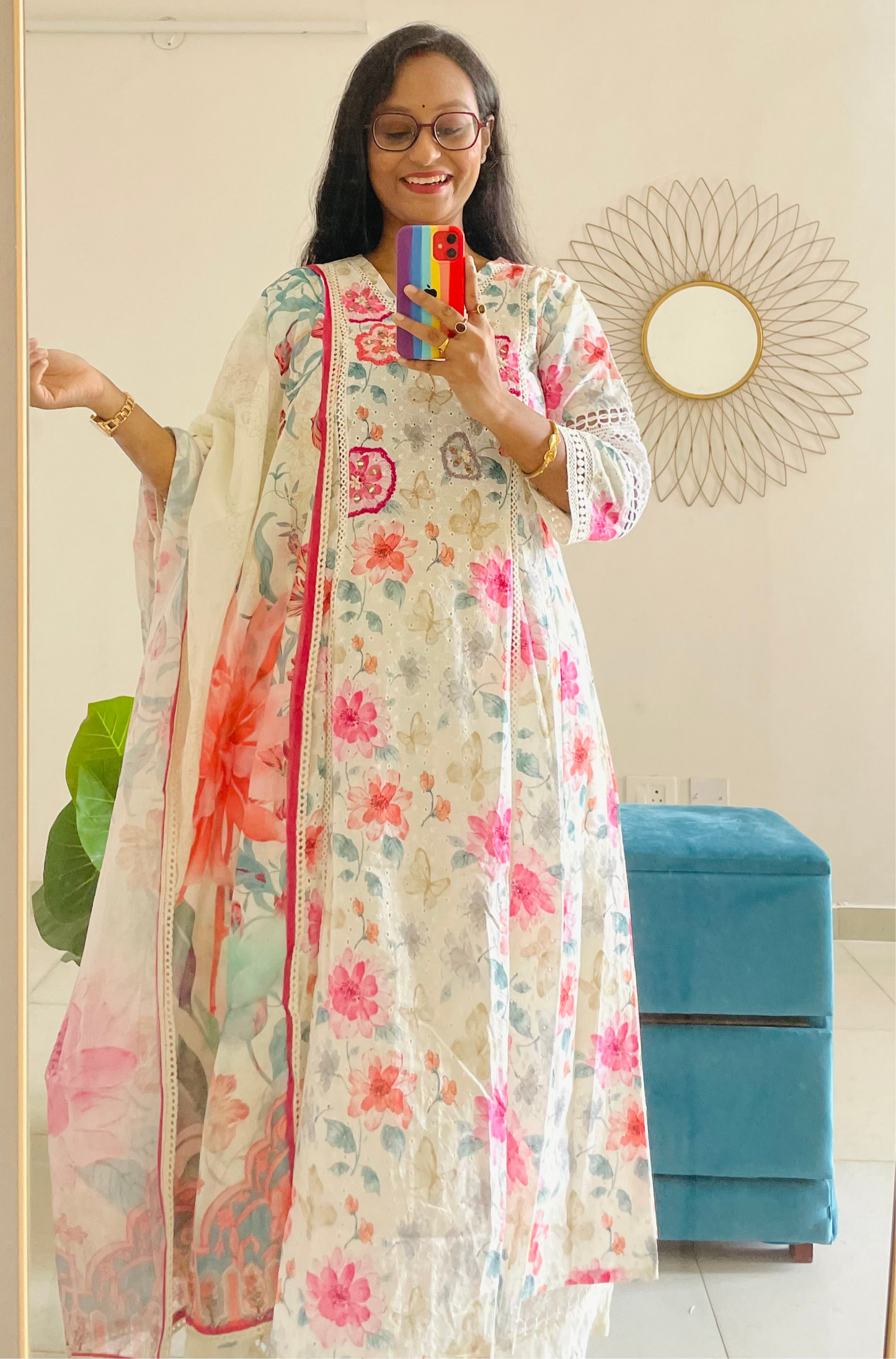 T025-Premium Pure kora cotton Anarkali kurti with palazzo and dupatta