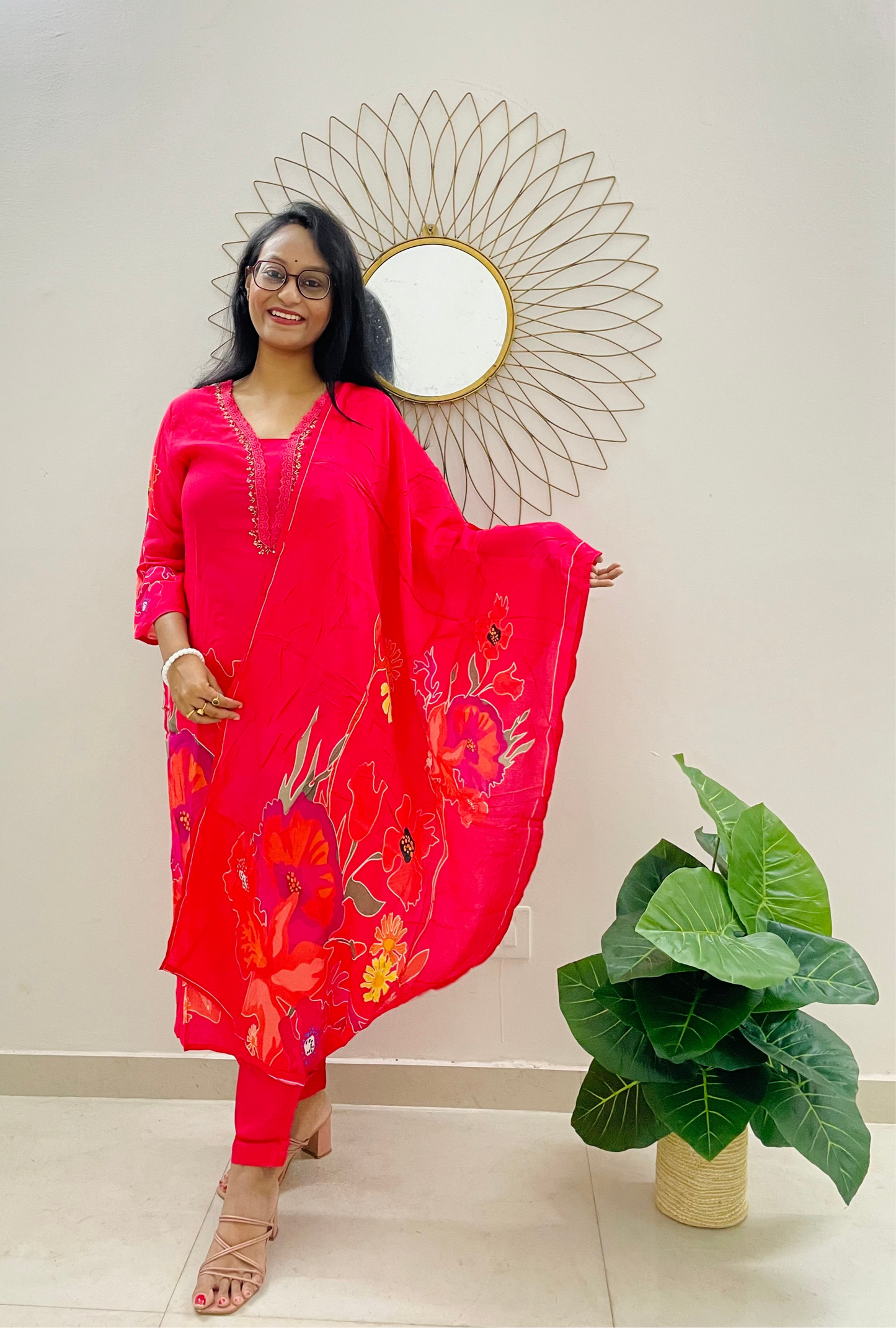 T009- Premium Fuschia pink crepe silk kurta with pant and dupatta