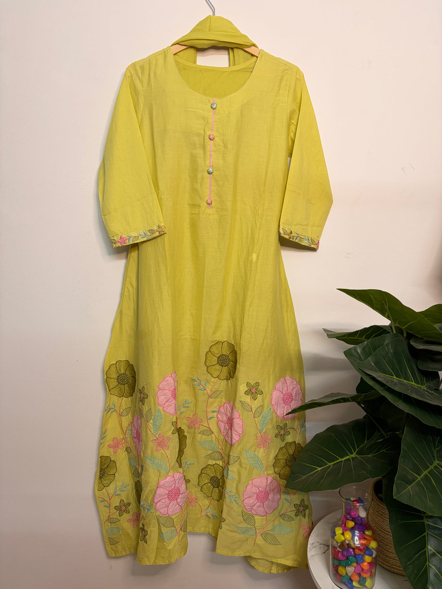 T103- Premium Pure Mul Cotton A-line kurti with pant and dupatta