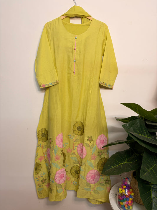 T103- Premium Pure Mul Cotton A-line kurti with pant and dupatta