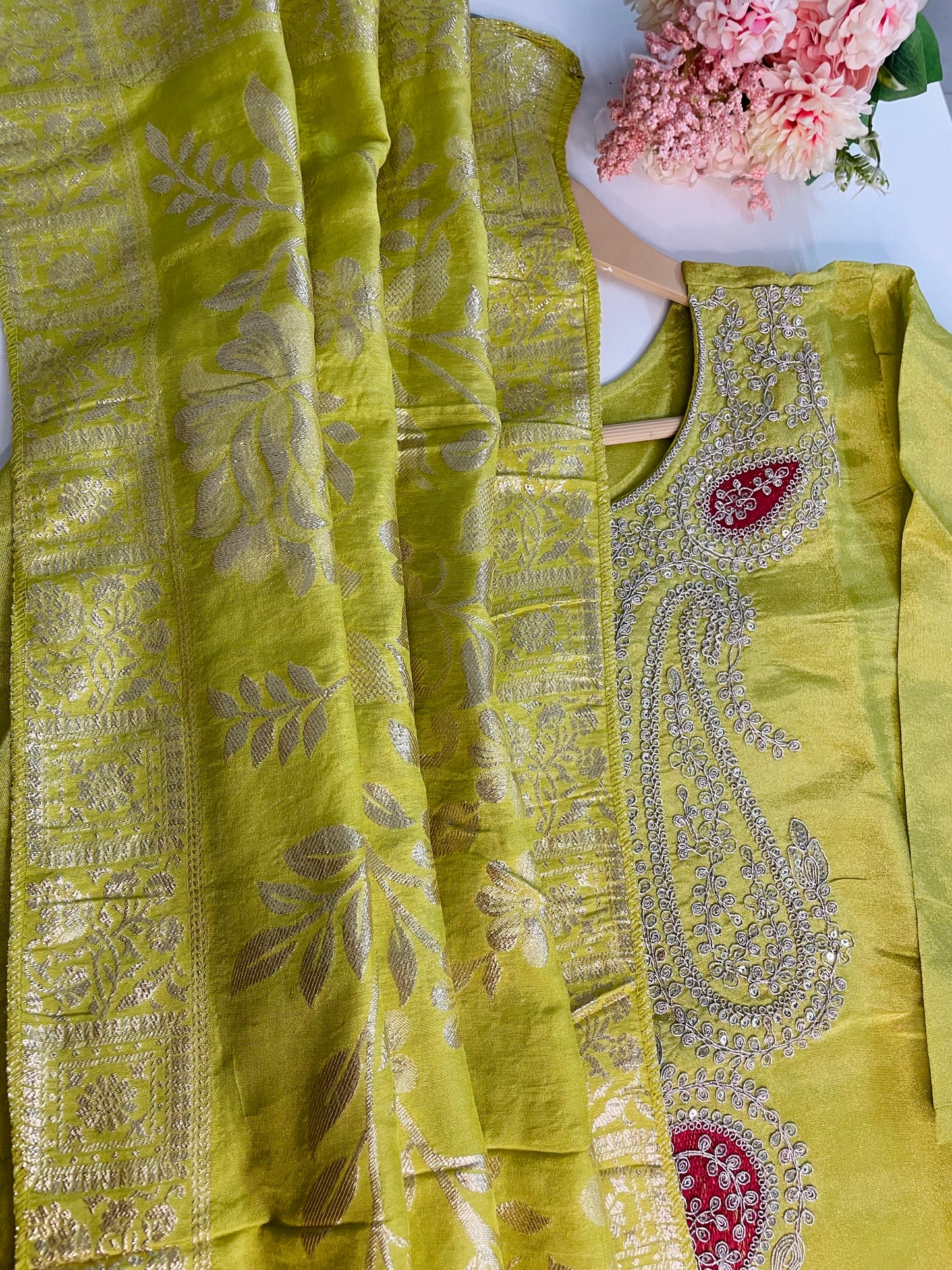 T057-Premium Pure Tissue Shimmer kurti with pant and dupatta