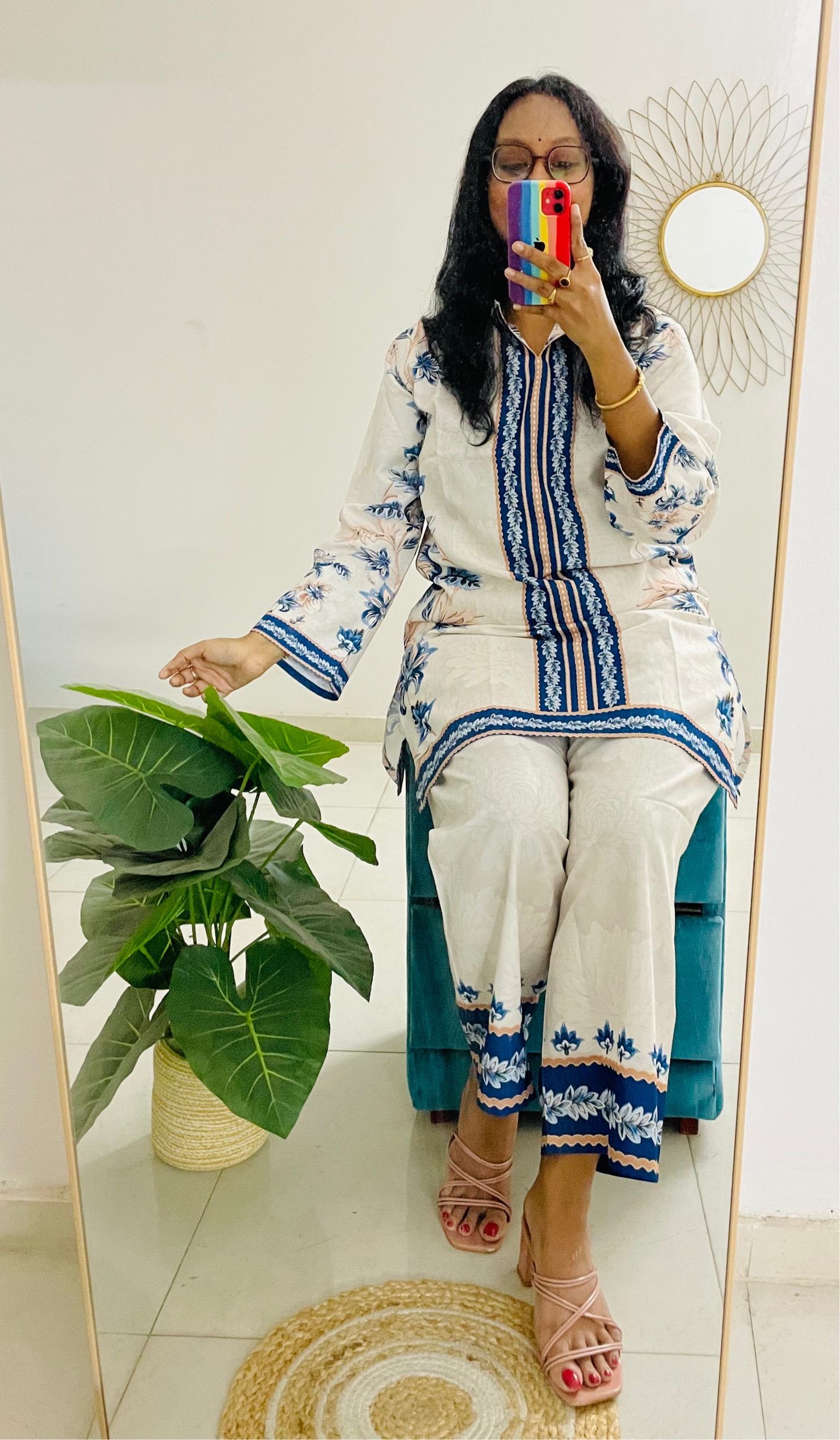 T037-BLUE WHITE BAROQUE PAKISTANI COTTON CO-ORD