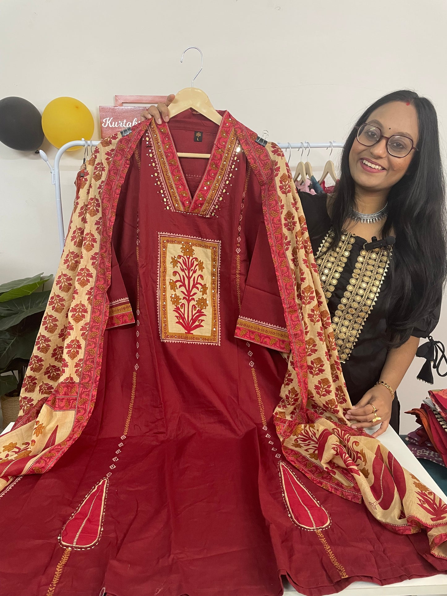 T088- Premium Pure Cotton A-line kurti with pant and dupatta