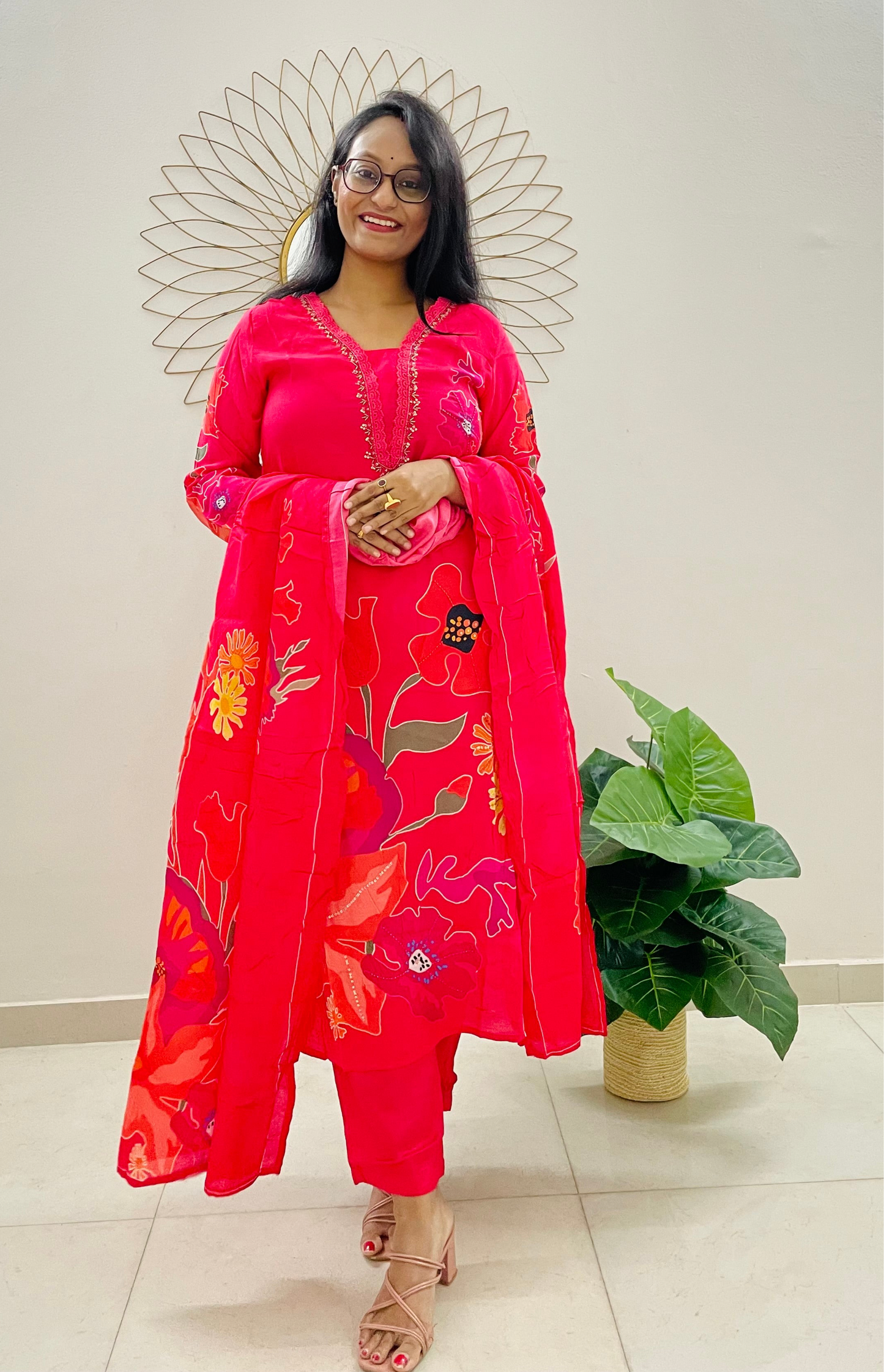 T009- Premium Fuschia pink crepe silk kurta with pant and dupatta