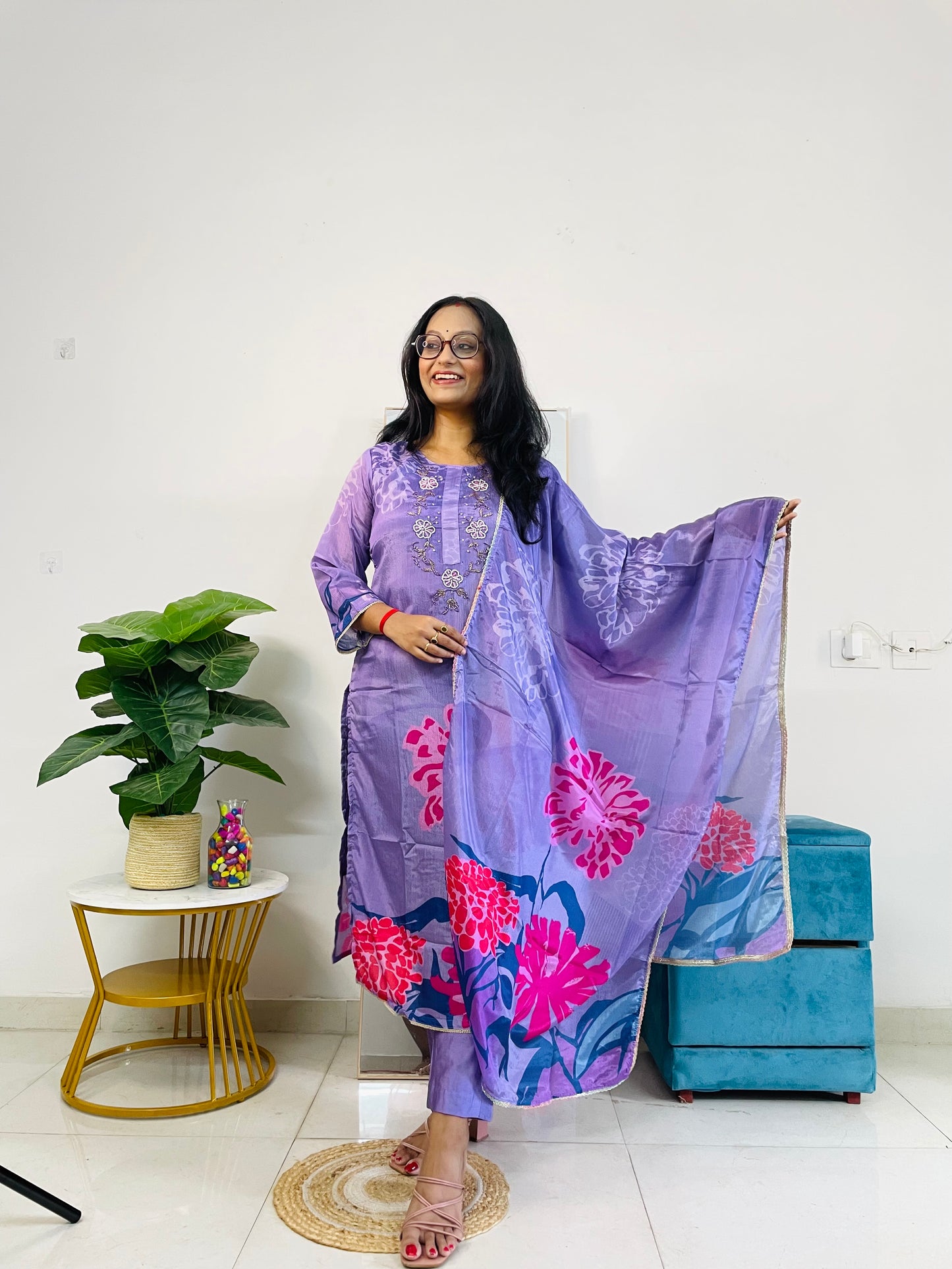 T045-Premium Pure Muslin digital print kurti with pant and dupatta