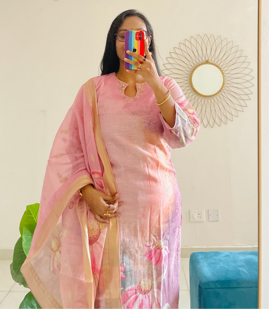 T028-Premium Pure Muslin silk kurti with pant and dupatta