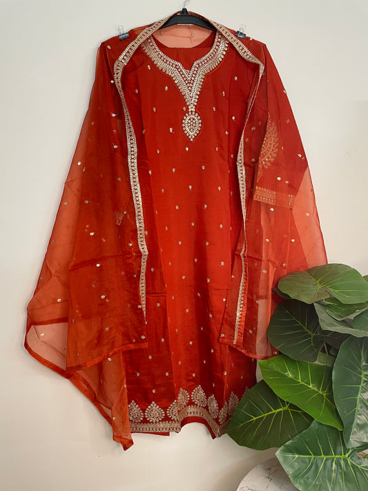 T059-Premium Pure Roman silk kurti with pant and dupatta