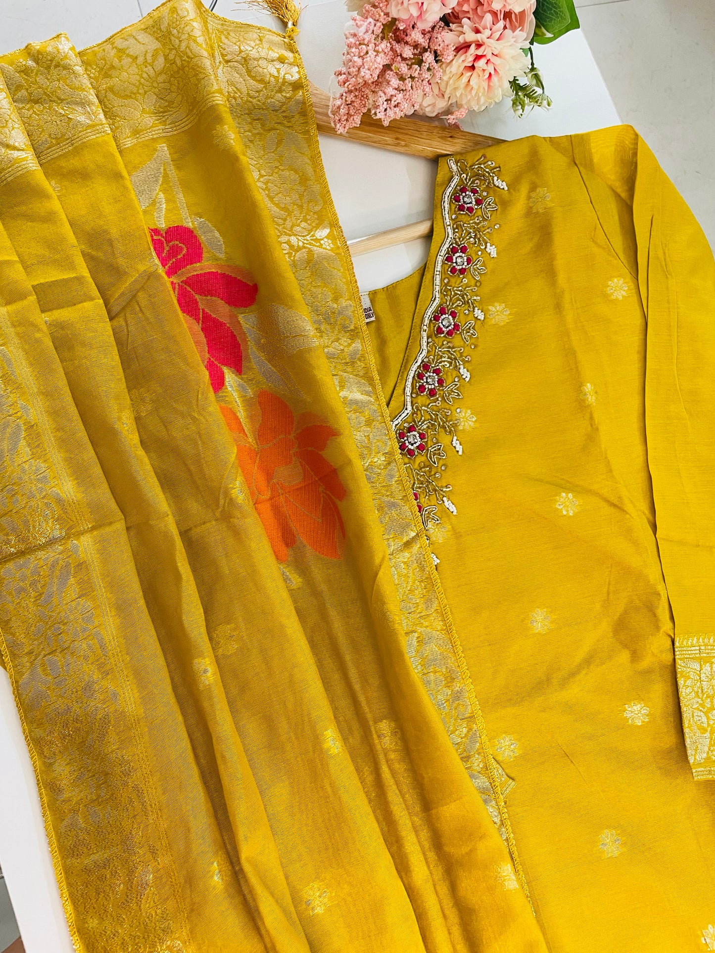 T051-Premium Banarasi Silk kurti with pant and dupatta