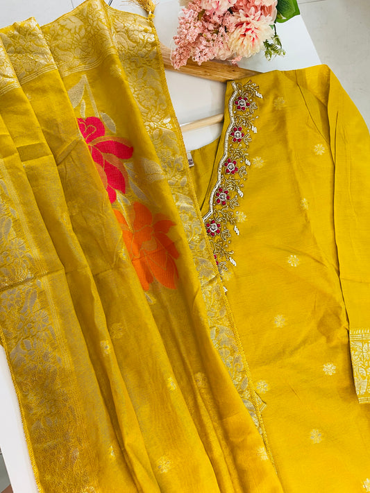 T051-Premium Banarasi Silk kurti with pant and dupatta