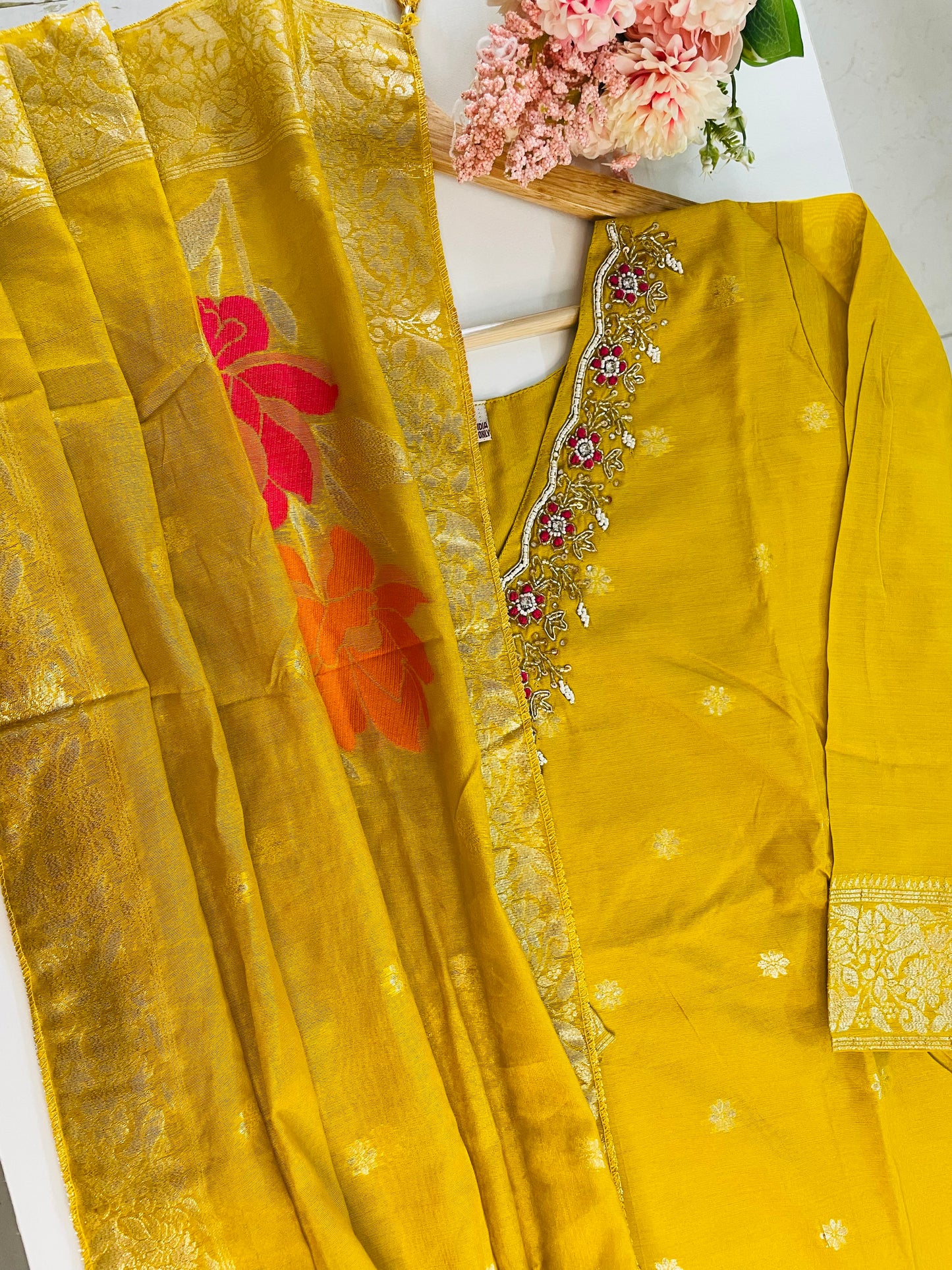 T051-Premium Banarasi Silk kurti with pant and dupatta