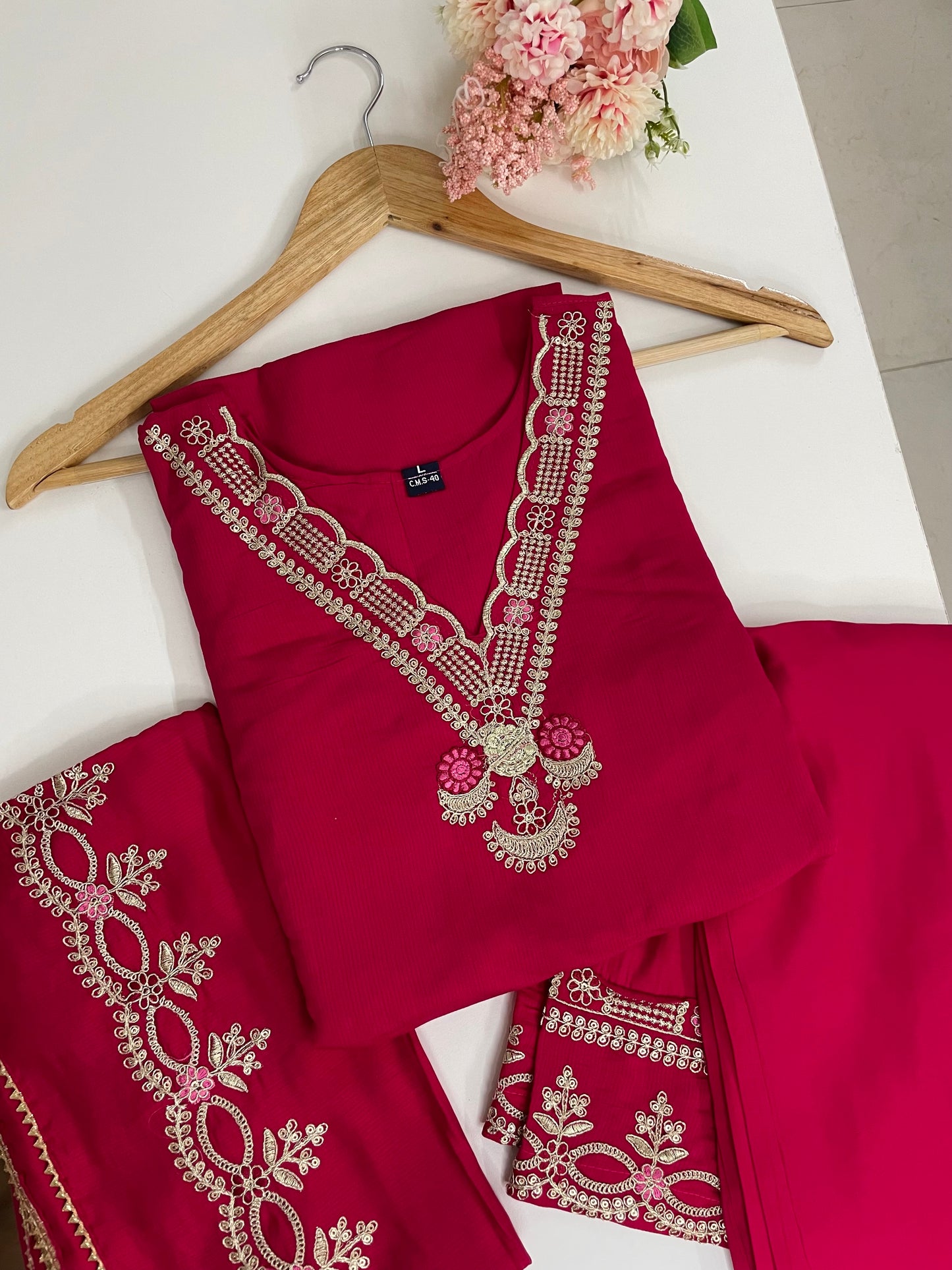 T047-Premium imported soft silk Kurti with pant and dupatta